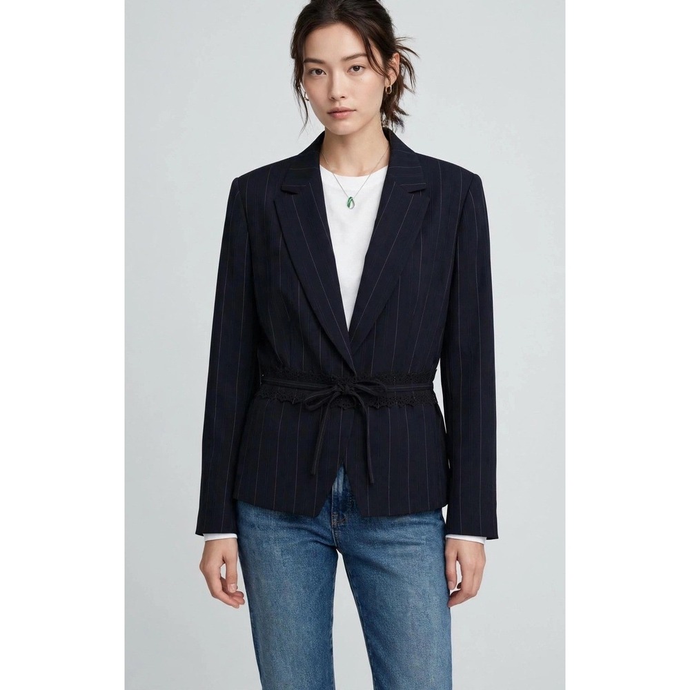 Tahari Blazer Womens 16 Black Pinstripe Eyelet Lace Tie Waist Arthur S Levine